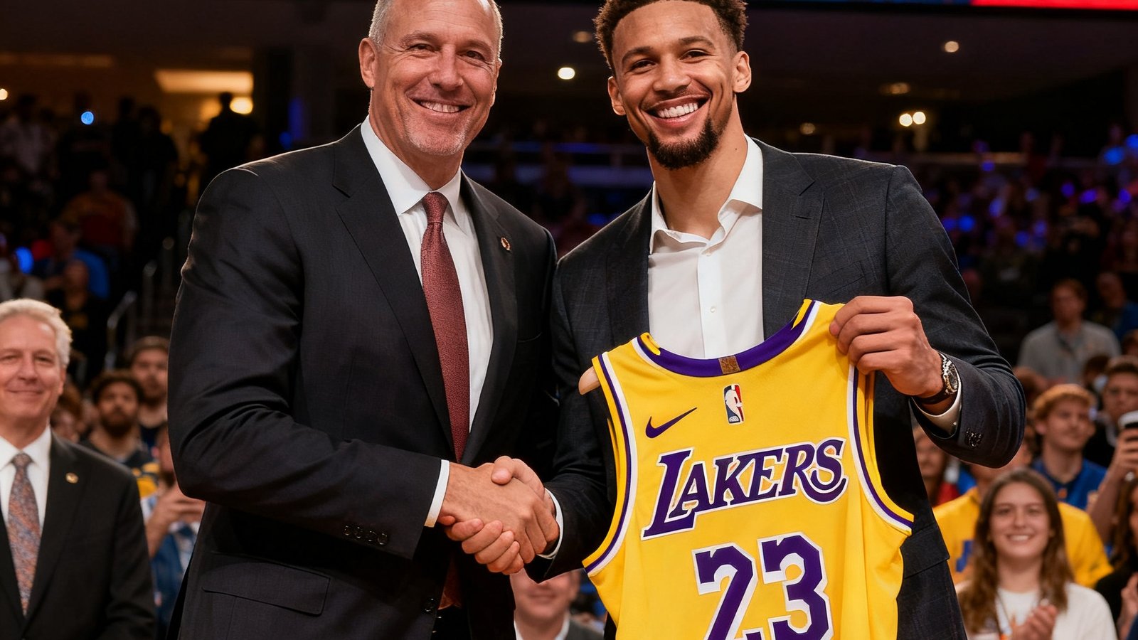 NBA交易市场重磅转会，球星在新闻发布会上展示新球衣，面带微笑与球队管理层握手合影